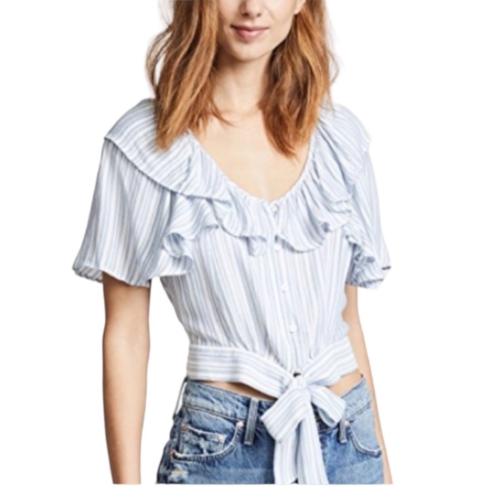 Free People White and Blue Ruffled Flutter Sleeve Blouse